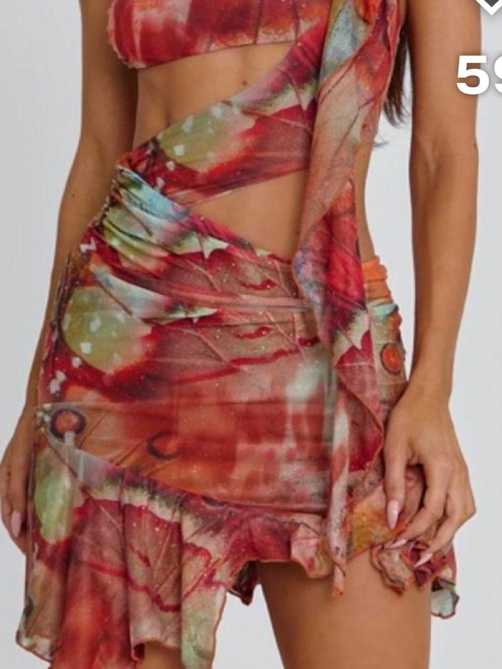 Women's Abstract Multicolor Mini Dress with Neck Tie